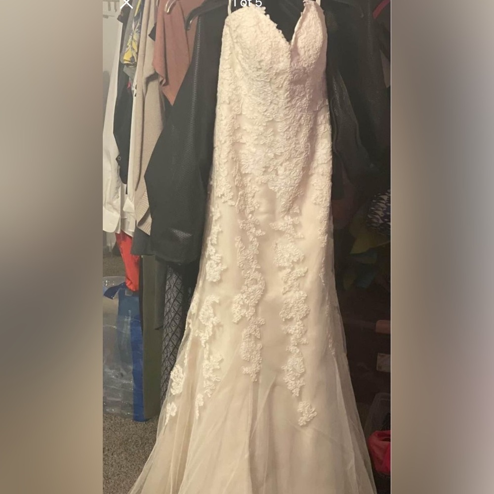 Gold with two layers of Ivory lace. 
Altered size 6
Unbustled/Bustled train
